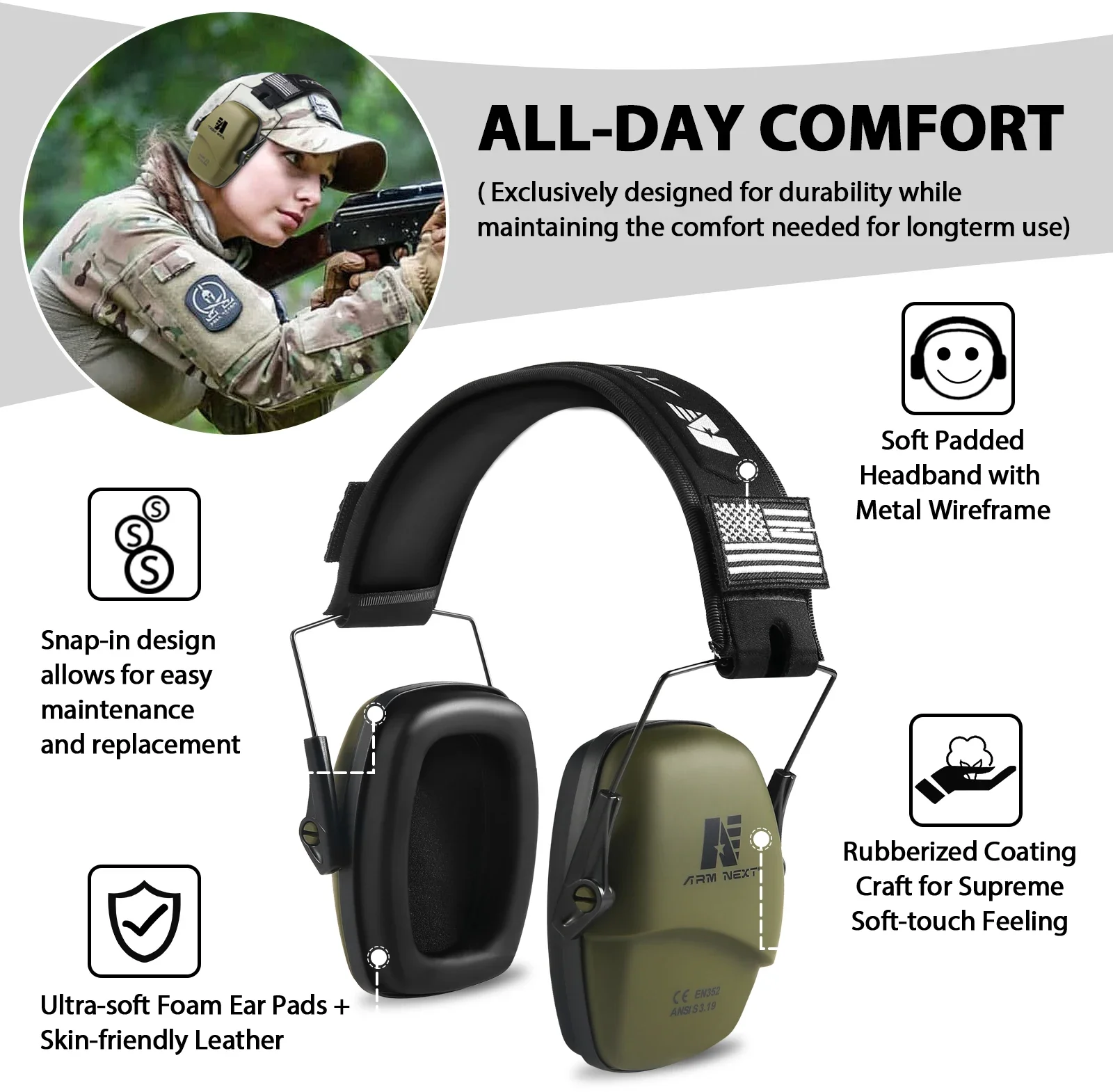 ARM NEXT Tactical headset ear protection shooting headphones for hunting Hearing earmuff Noise reduction 25db earmuffs Silicone