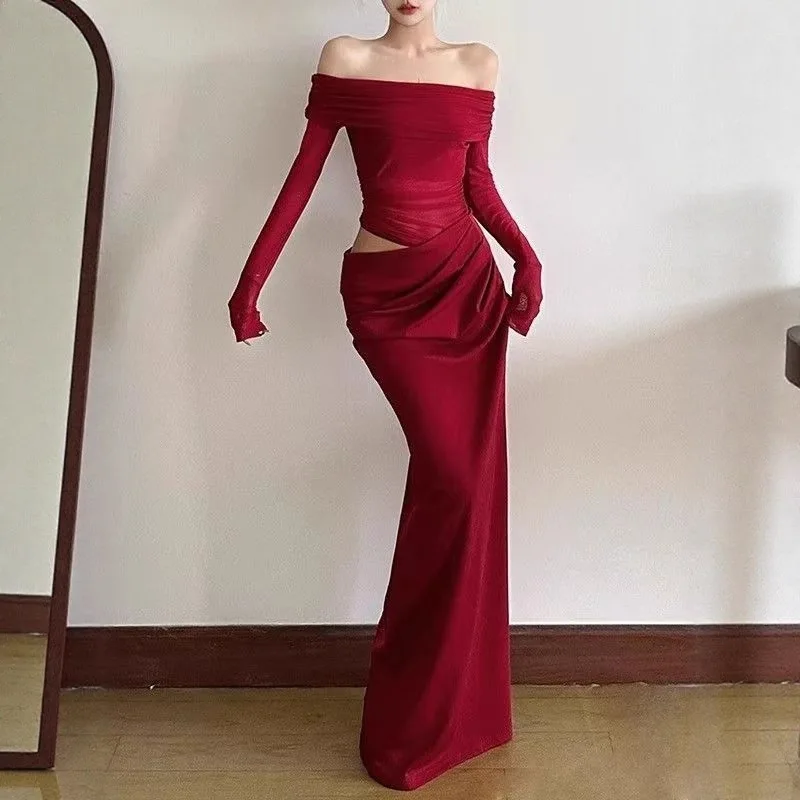 

2026 New Spring Summer Hot Girl Elegant Style Mesh Splicing Off Maxi Dress For Women Cutout Waist Hollow Slim Fit Long Dress
