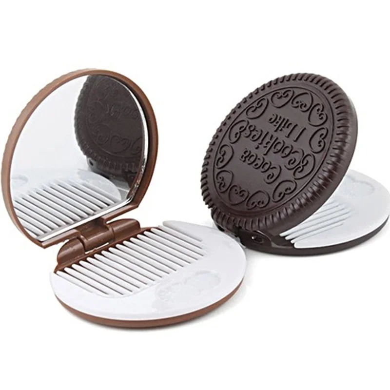 CASHOU136 Mini specchio tascabile dal design creativo a forma di biscotto con gocce di cioccolato con pettine Specchio per trucco da viaggio portatile