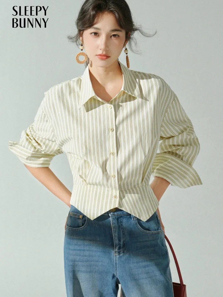 

Элегантная полосатая рубашка с длинным рукавом, женская повседневная блузка с лацканами, приталенный топ с разрезом по подолу, осенняя офисная одежда, модный наряд