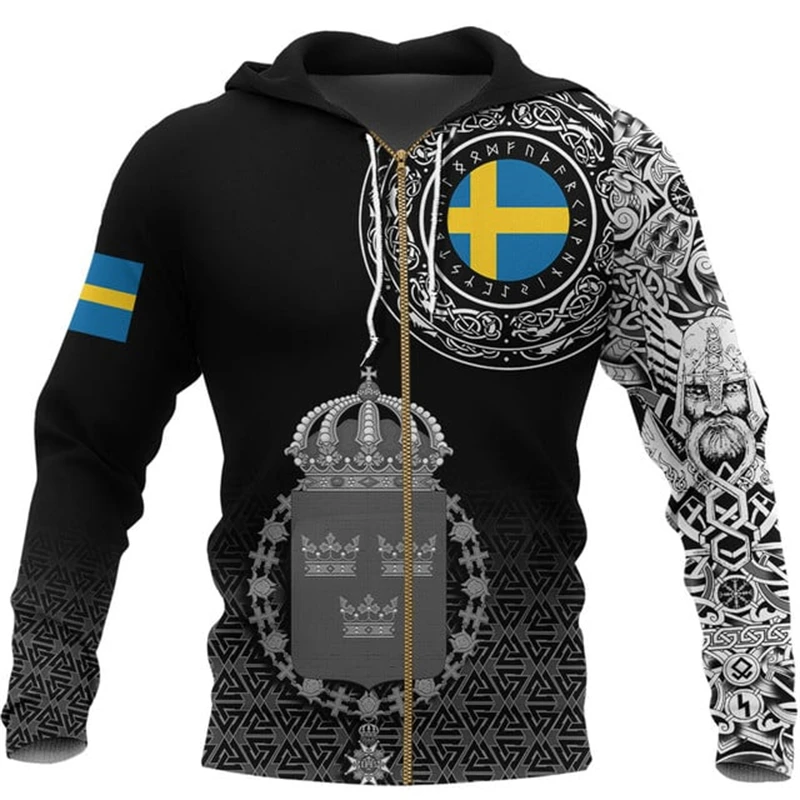 Sweden Flag Emblem 3d Print Men Zip Up Hoodie Pullover Fashion Trendy Oversized Viking Tatto Sweatshirt Unisex Hooded Pullover