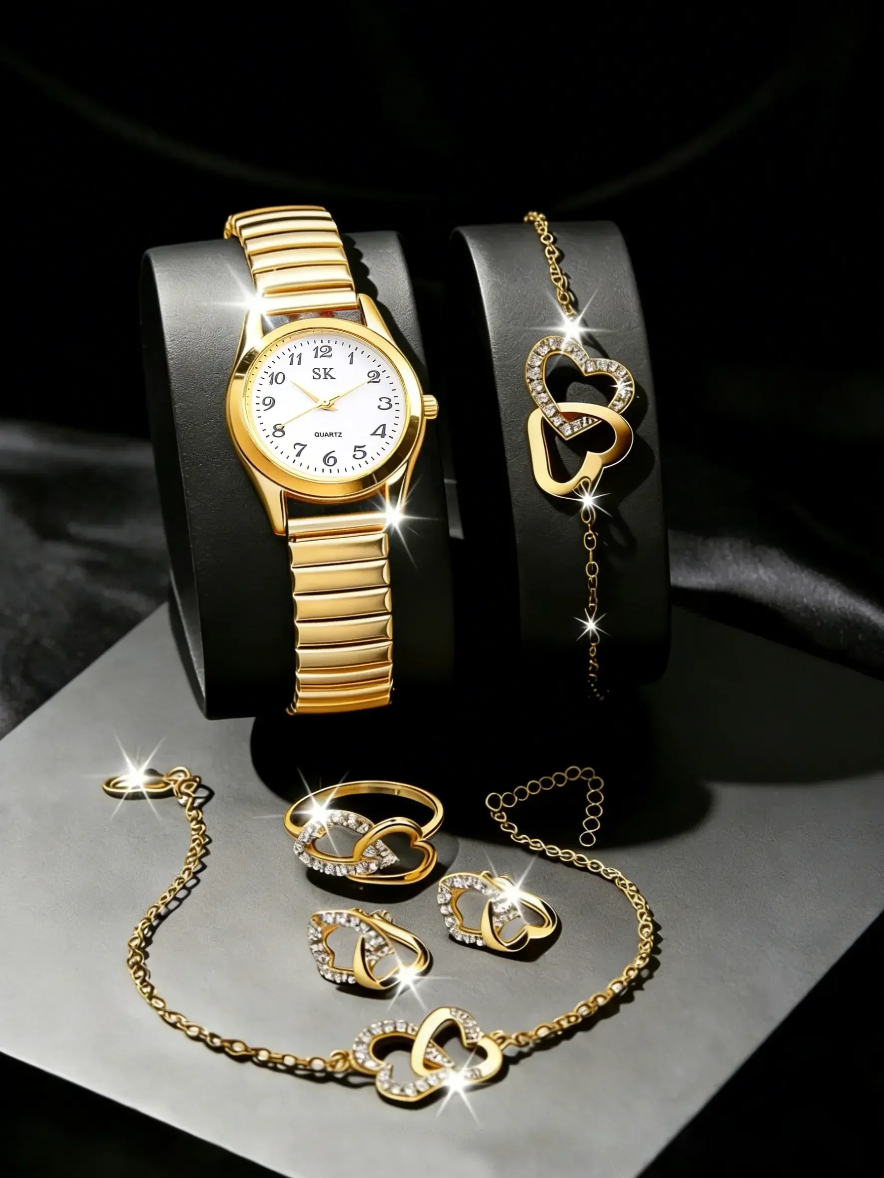 Elegant Ladies 5Pcs Watch Set Silver Elastic Metal Band Quartz Watch Round Number Dial Interlocking Heart Rhinestone Jewelry