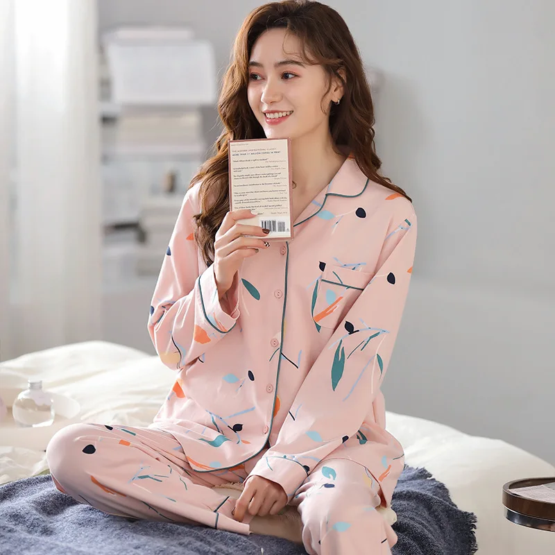 

Female Print Long Sleeve Pajamas Lady Spring Summer Cotton Sleepwear Nightwear Women Two Piece Set Turn-down Collar Homewear