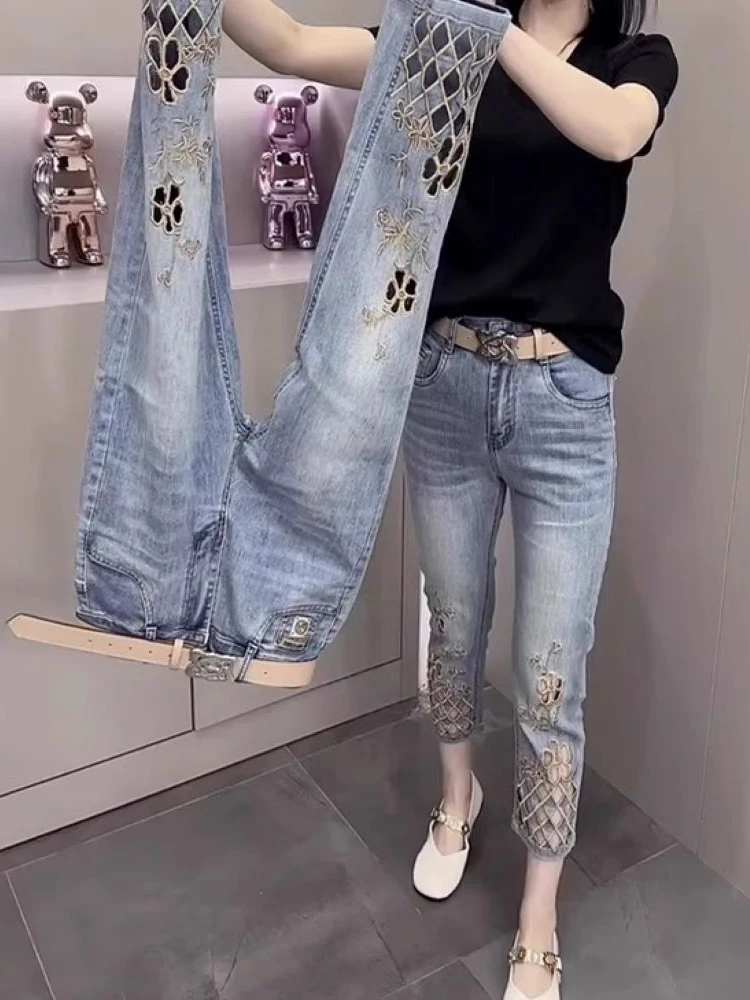 Jean taille haute élastique brodé creux pour femmes, jambes droites, grande taille, dissimule la viande, amincissant, dix-huit pantalons tubulaires, nouvelle collection été