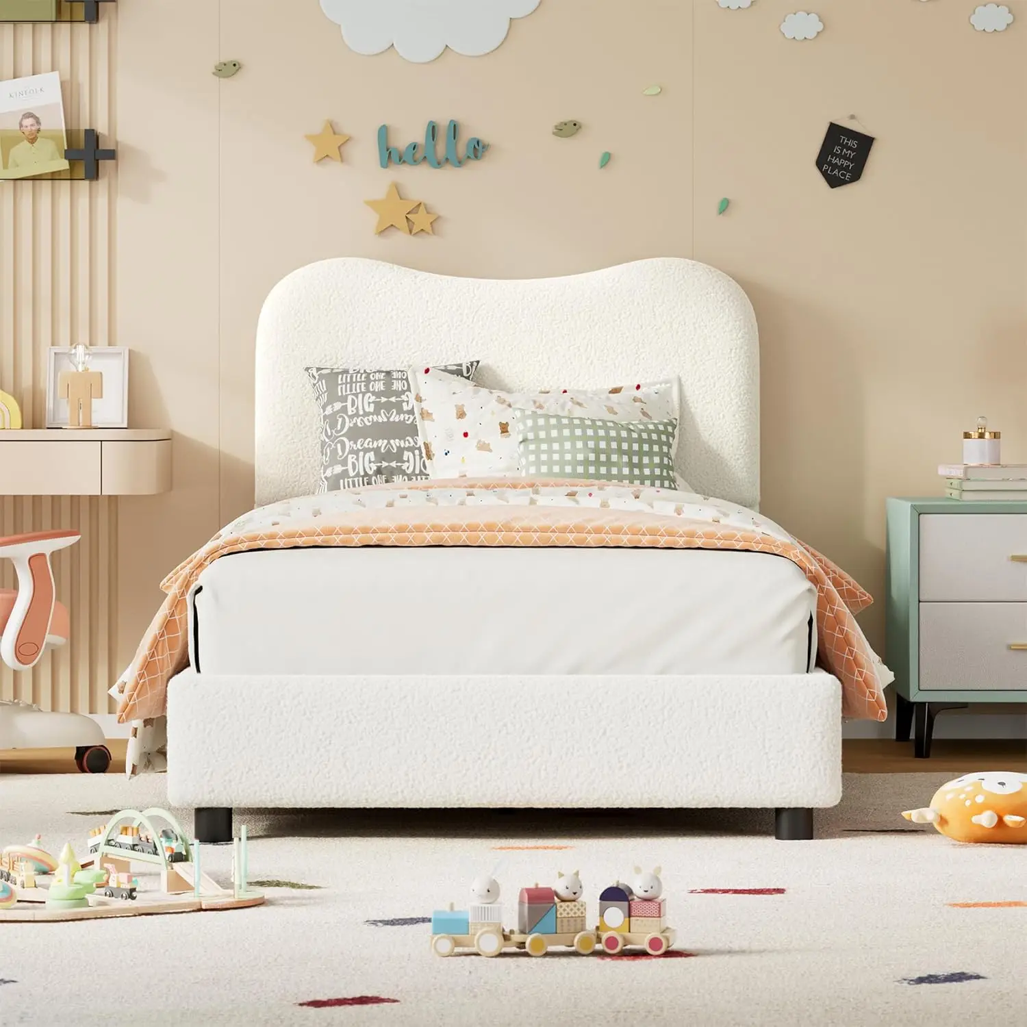 إطار سرير بمنصة بيضاء مزدوجة بتصميم جديد مع لوح رأسي منجد من قماش Boucle الناعم للفتيات والأولاد #3