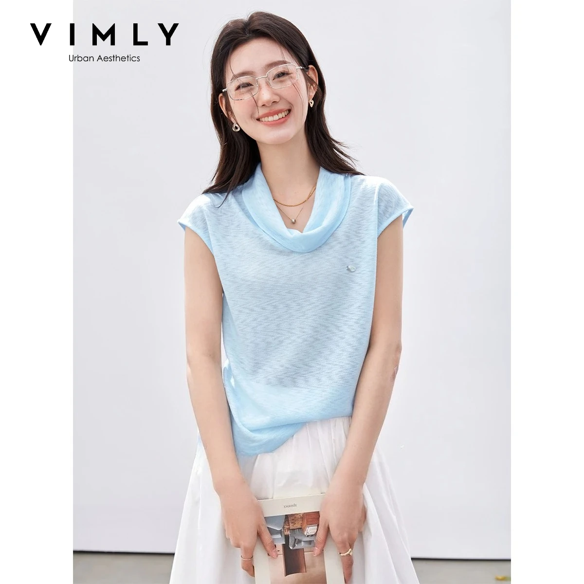 

VIMLY Women's Fashion Cowley Neck Sleeveless T-shirt 2026 Summer New Light Blue Versatile Minimalist Knit Loose Casual Top A5157