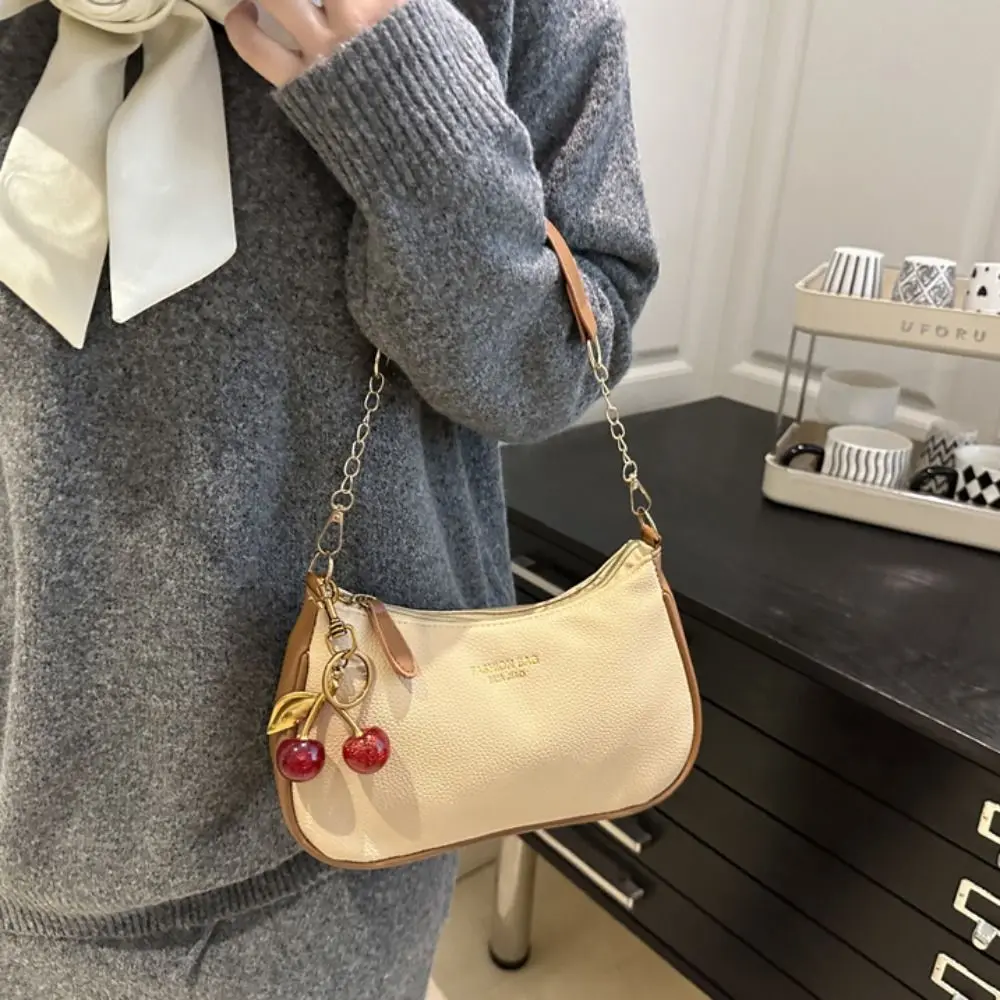 

PU Leather Underarm Bag With Cherry Pendant Adjustable Strap Crossbody Bag Zipper Closure Shoulder Bag For Ladies and Girls