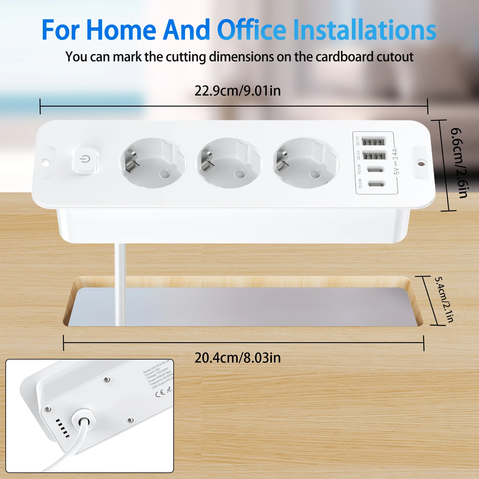 EU Table Top Recessed Sockets Bulit in Sockets with 2 USB 2 Type C PD20W Embedded Desktop Hidden Power Outlet for Furniture