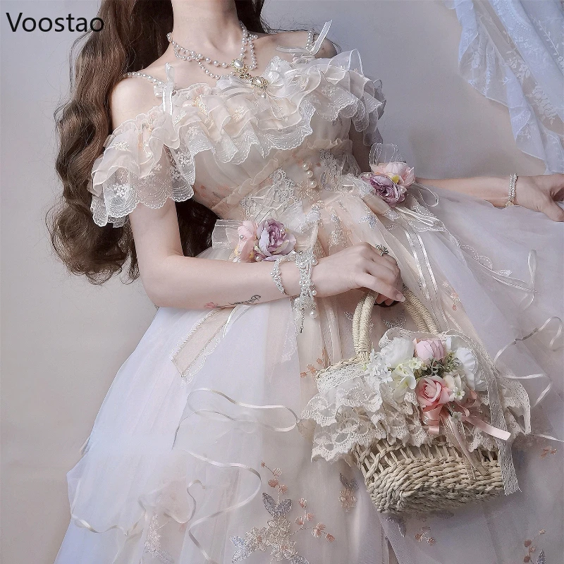 ヴィンテージロリータフローラルレースのウェディングドレス,日本の女性のための愛らしいレースの花の刺繍,プリンセス,パーティー