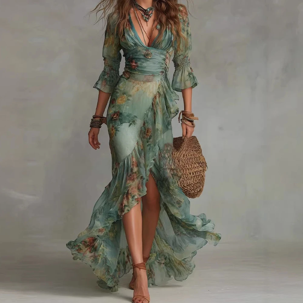 

Floral Print V-Neck Long Dress Vacation Style Flowy Irregular Ruffle Hem Dress