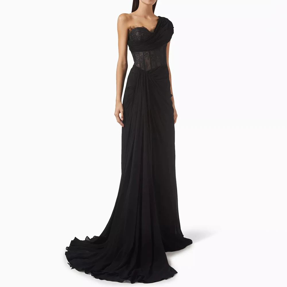 

Customized Chiffon and Lace Evening Dress One Shoulder Cap Sleeve Floor Length with Pleat Women Occasion Formal Party Gown