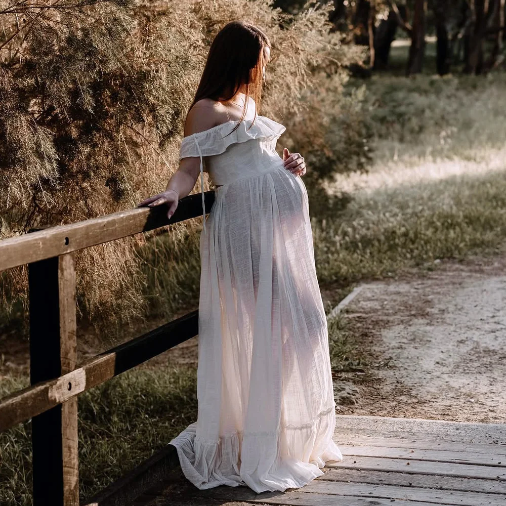 

Boho Maternity Photoshoot DressLotus Leaf Edge Linen Cotton Adjustable Back Pregnancy Friendly Photography Dress For Women