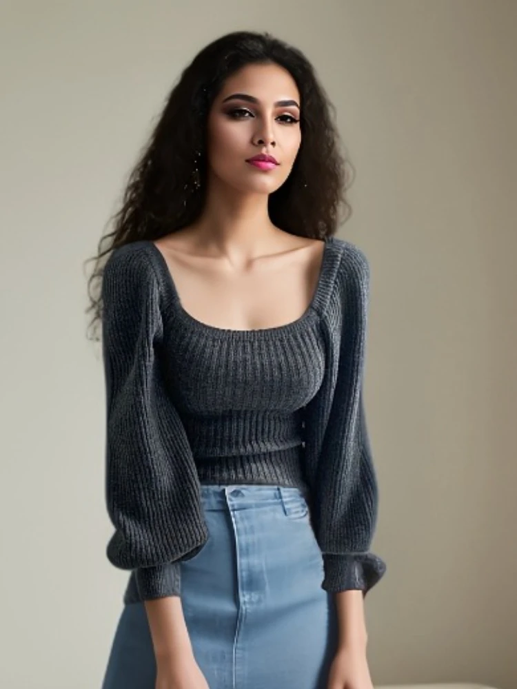 

Новый однотонный женский свитер с квадратным вырезом и низким воротом, рукавами-фонариками, модный тонкий трикотажный топ с длинными рукавами