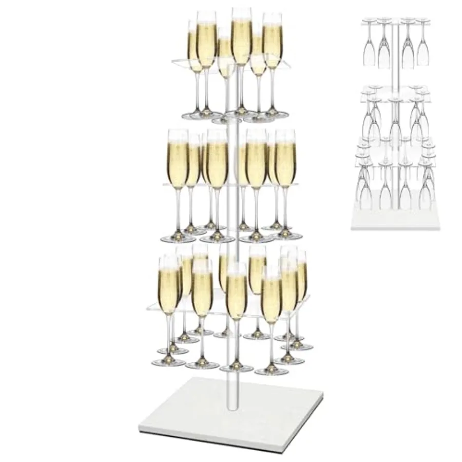 

Champagne Tower with Marble Base, 26 Slots Champagne Display Rack for Serving and Drying, 3-Tier Cocktail Tree Stand for Drinks
