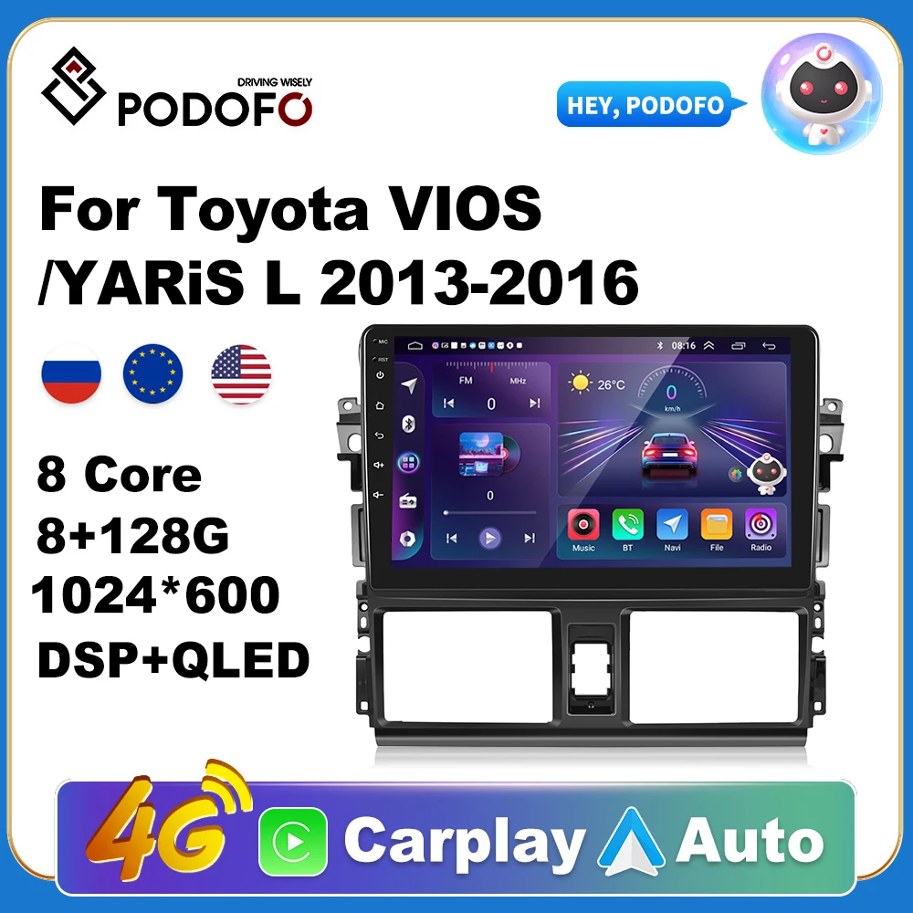 

Podofo Wireless CarPlay Andorid Auto Car Radio For Toyota Vios/Yaris L 2013-2016 Multimedia GPS 2din autoradio