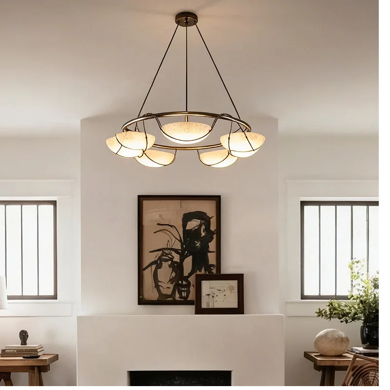 French Elegance Spanish Marble Chandelier Brass Black Round Dimmable Ceilings Lustre For Hotel Restaurant Villa Living Room