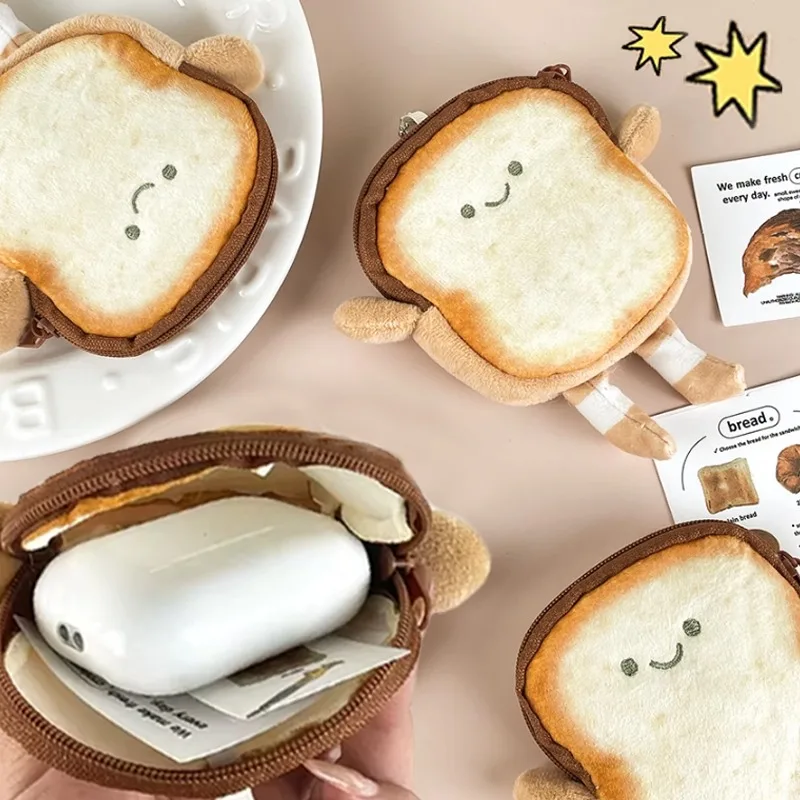 1/2pcs 만화 토스트 미니 지갑 휴대용 경량 귀여운 지갑 동전 키 가방 빵 이어폰 메이크업 가방 소녀 크리 에이 티브 선물