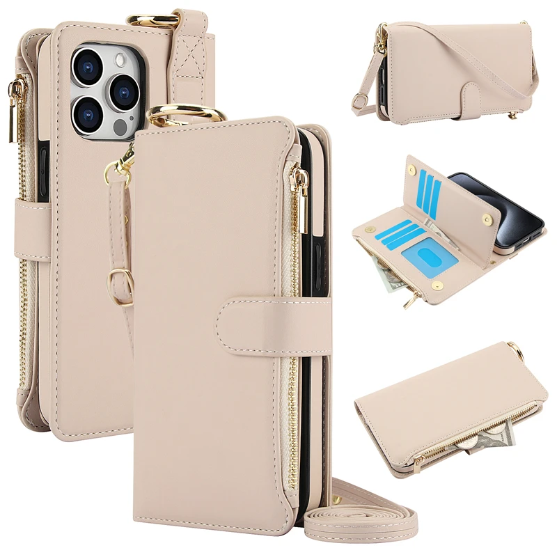 Multifunction Card Slots Holder Zipper Wallet Flip Phone Case for IPhone 15 14 13 12 11 Pro Max Plus XS XR X 15Pro Strap Cover