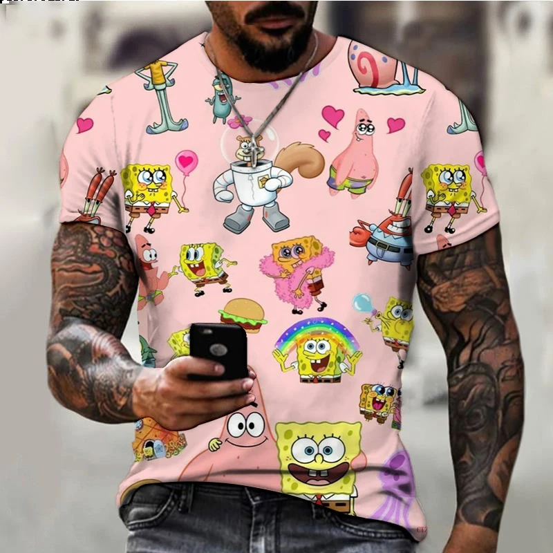 Summer New Cute SpongeBob Cartoon Print Youth Harajuku Casual T-Shirt 2024 Street Trend Versatile Men\'s Round Neck T-Shirt