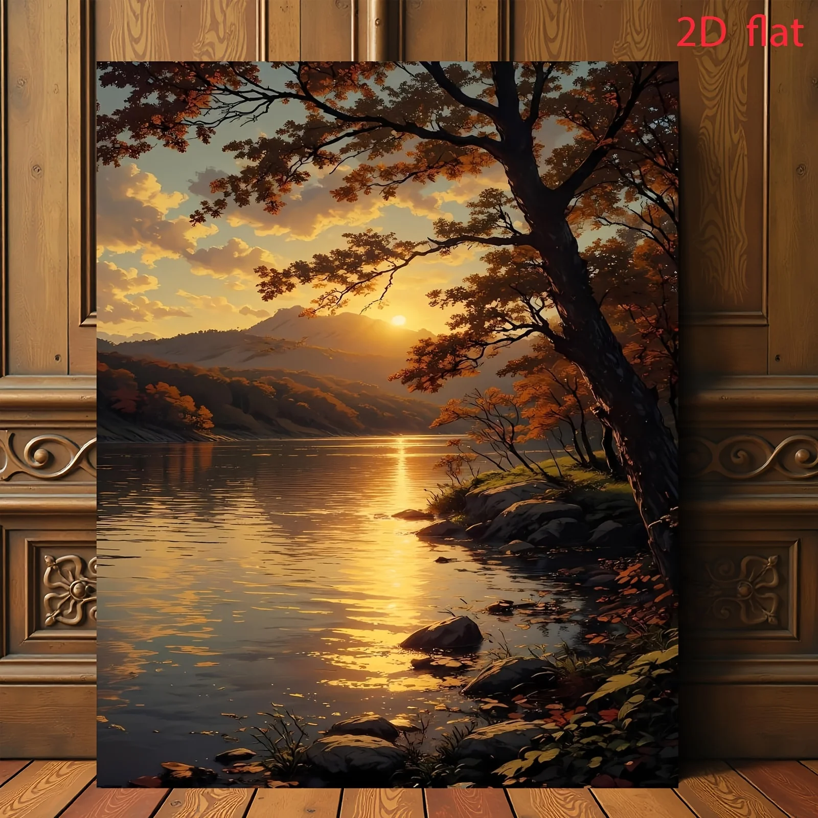 Autumn Sunset Lake And Mountain Scenery Tree Shado,[2D Flat Frameless] 1pc，Unframed Landscape Canvas Painting， Canvas
