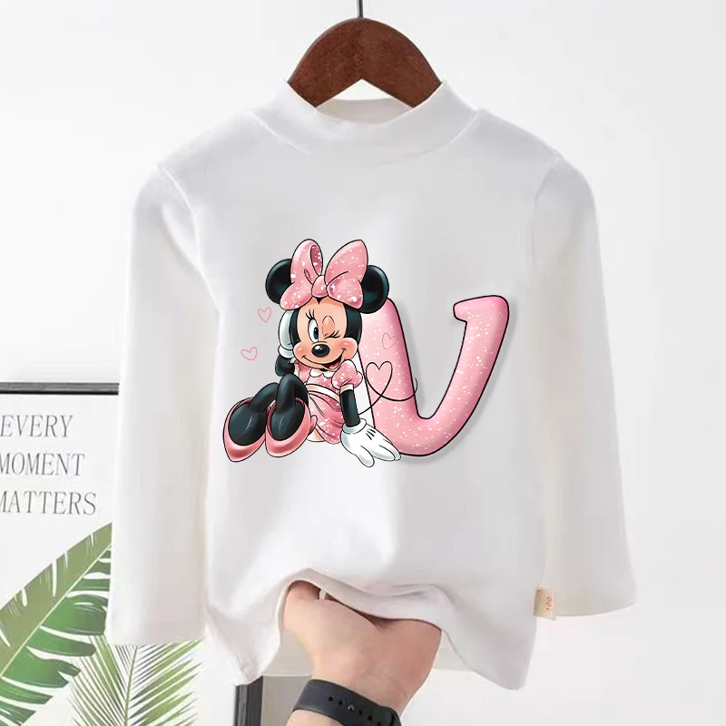 New Disney Minnie Mouse Children Tops Kawaii Cartoon Letter Graphic T-shirt Kids Casual Long-sleeved Tops Autumn Girls Clothes