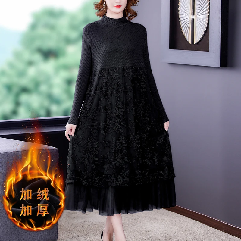 2023 New Fashion Knitted Mesh Dress Women's Autumn and Winter Vintage Half High Neck Long Sleeve Loose Fit Sweater Dress Vestido