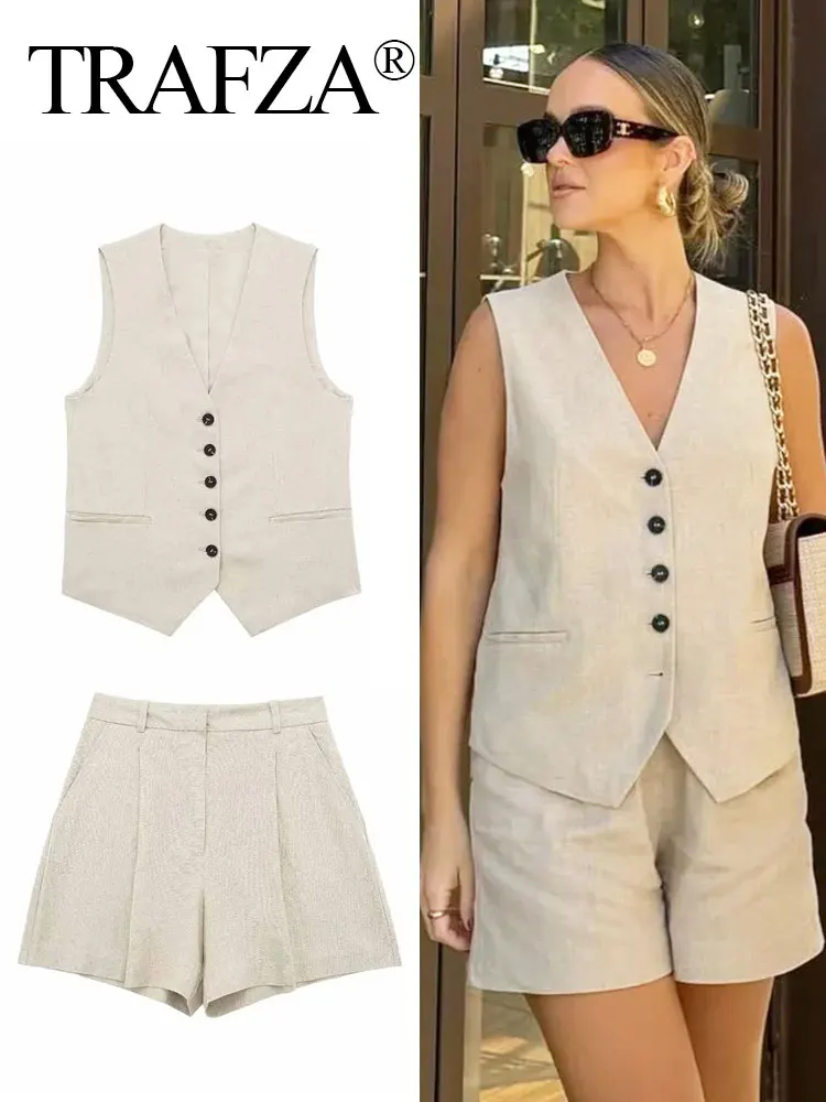 TRAFZA Women Linen Vests Shorts Suit V Neck Single Breasted Chic Vest Top Zipper Short Pant Summer Casual Y2K Office Lady Outfit