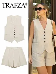 TRAFZA gilet di lino da donna pantaloncini Suit scollo a V monopetto Chic Vest Top Zipper pantalone corto estate Casual Y2K Office Lady Outfit