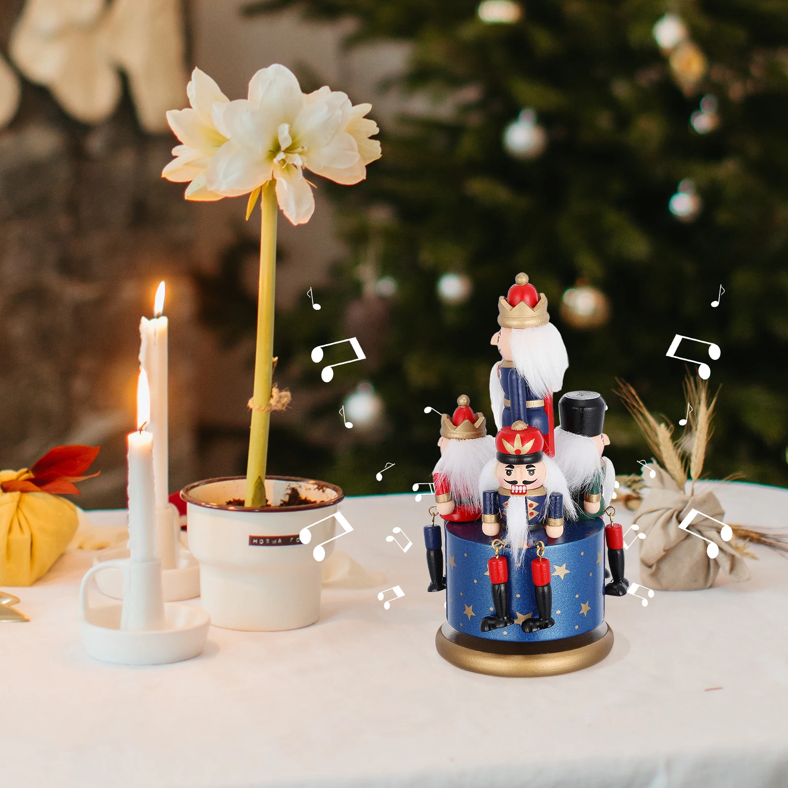 

Rotating Xmas Music Box Wooden Nutcracker Craft Hand Painted Melody Decoration Desktop Ornament For Home Office Reliable Musical