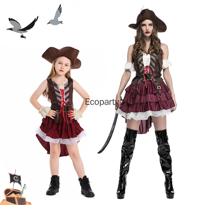 الكبار الاطفال هالوين زي القراصنة الفتيات النساء خمر القرون الوسطى الكابتن جاك تأثيري فستان طقم قبعات ملابس أداء مرحلة الحفلات #1