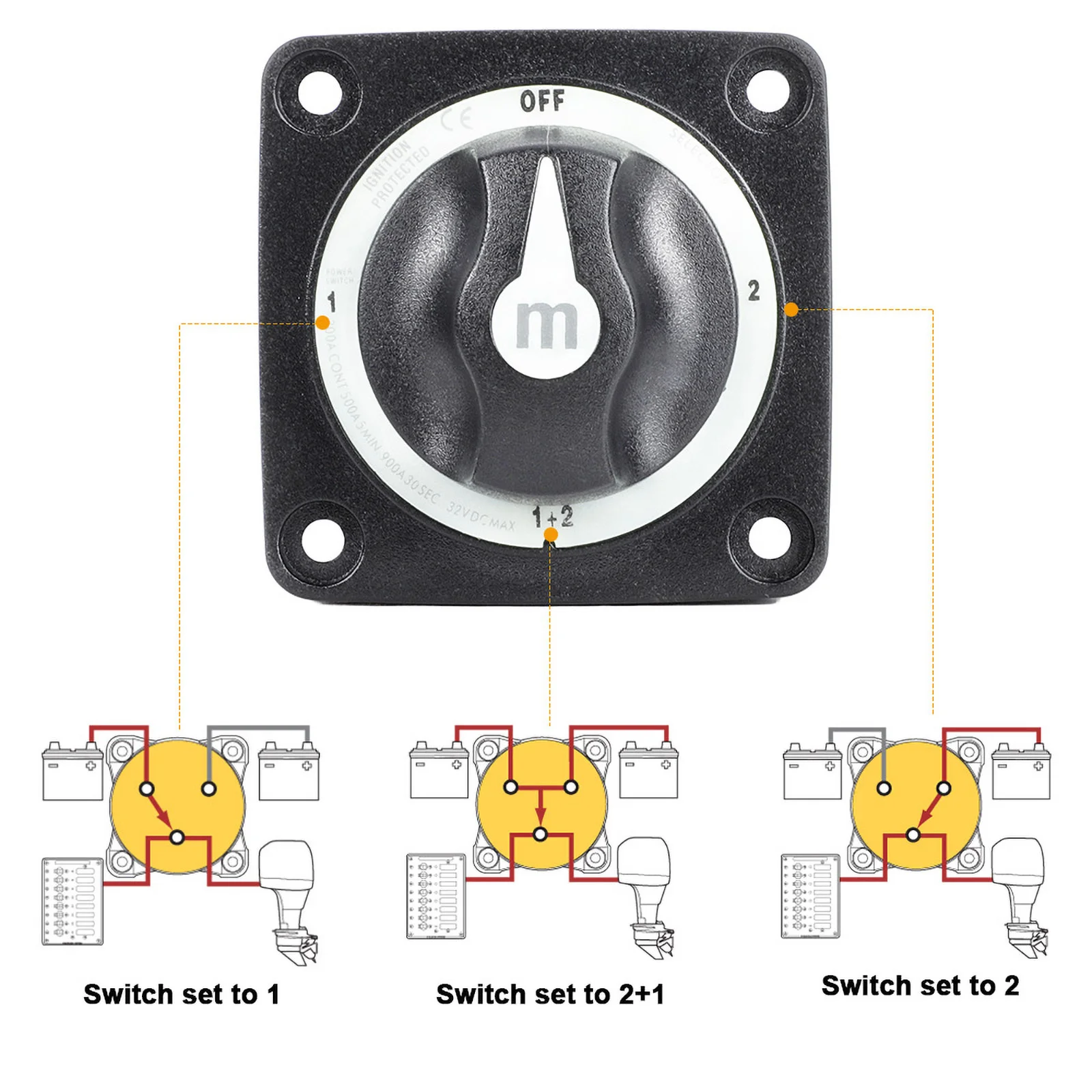 2 3 4 Position Battery Mass Switch M10 12V Selector Marine Isolator Disconnect Rotary Switch for Camper RV Truck Boat Caravan