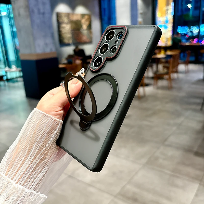 

Чехол-держатель с магнитным кольцом для Samsung Galaxy S25 S24 Plus Ultra Edge, матовый полупрозрачный защитный противоударный чехол с беспроводной зарядкой