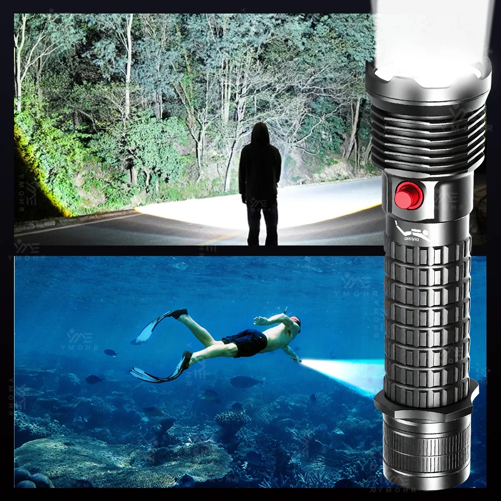 مصباح تحت الماء مستوى التأمين من الماء IPX8 مصباح يدوي تحت الماء قابلة للشحن مقاومة الانزلا2025 جديد الغوص مصباح يدوي IPX8 مقاوم للماء قابلة للشحن تحت الماء الغوص الشعلة 600000LMWhite الضوء الأصفر Freediving مصباح يدوي