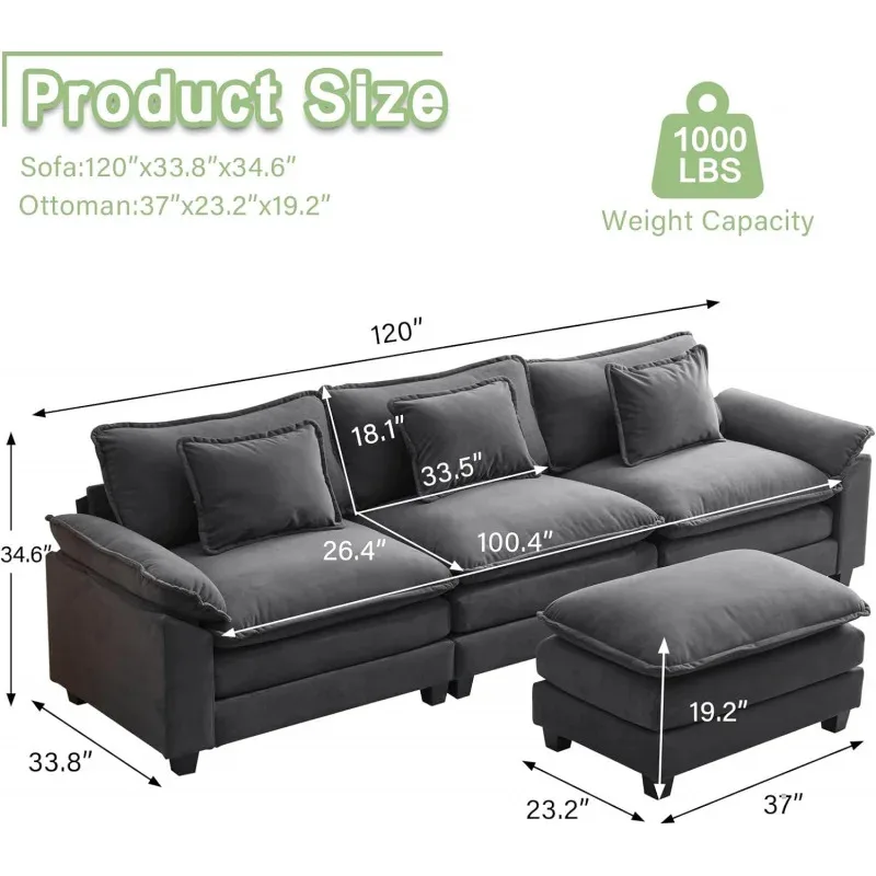 QWL Shape Sofa Comfy Sectional Cloud Couch for Living Room with Pillows,Modern Velvet Sofa Sleeper Deep Couches with Ottoman image 2