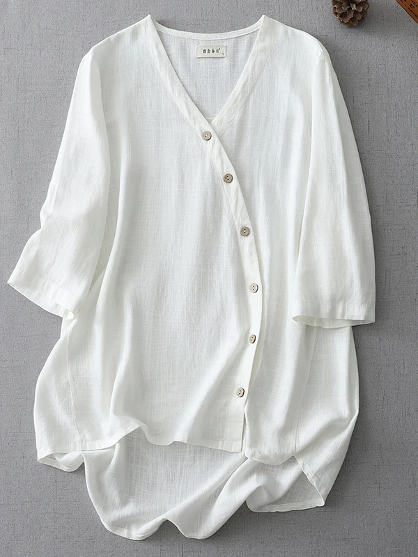 سترة بوهو سلي بيور كولور من القطن والكتان irt Jaet مقاس كبير للنساء بأزرار جانبية خمسة Sve V-Ne سترة صيفية مفتوحة #4