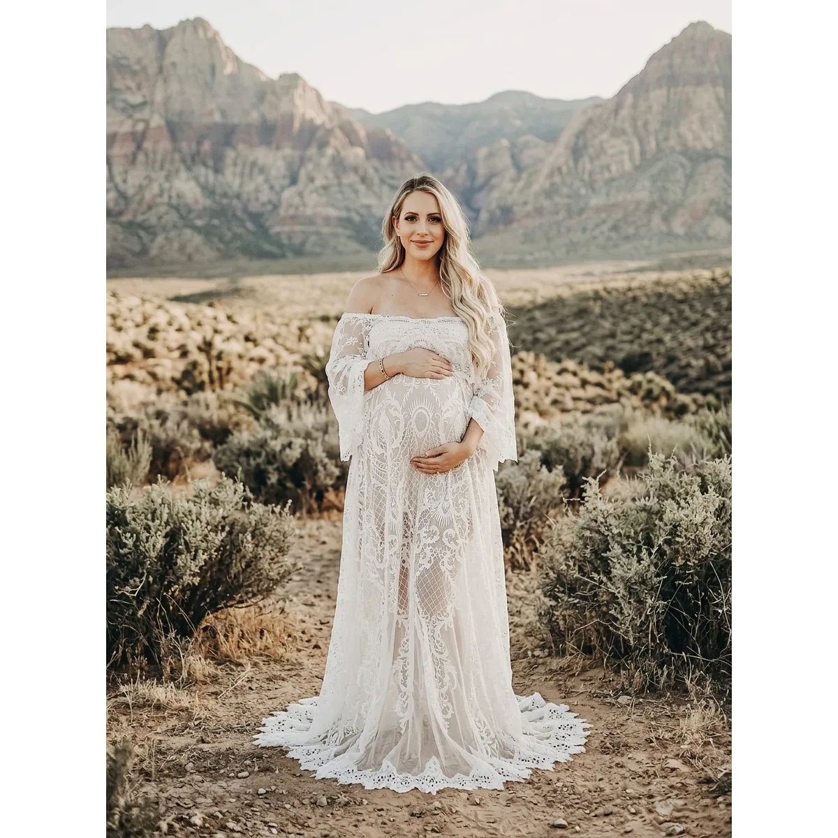 Boho Lace Maternity Gown for Photoshoot Off Shoulder Bell Sleeve Pregnant Women Maxi Dress Baby Shower Dress YD260840