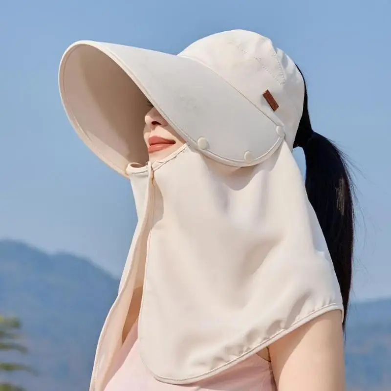Chapeaux d'été pour femmes, chapeau de soleil avec grand châle amovible, Protection du cou, haut vide, seau, visière, accessoires de plage
