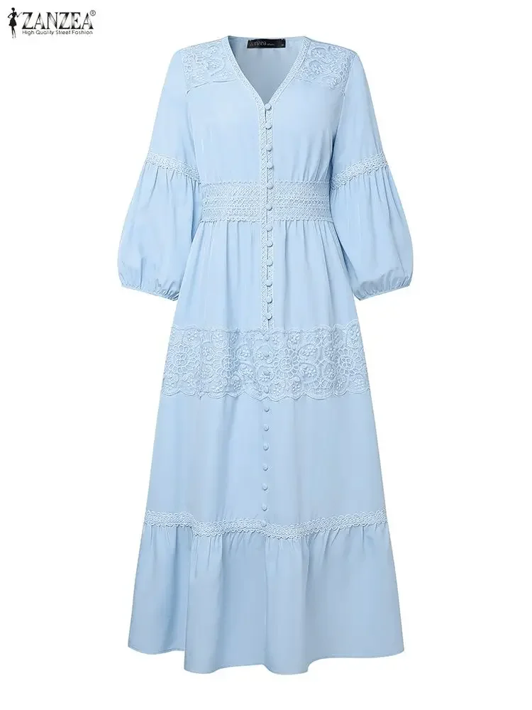 ZANZEA Autunno Elegante Abiti Da Festa Delle Donne 3/4 Manica Lanterna Con Scollo A V Casual In Pizzo Maxi Vestito Estivo Lungo Solido Vacanza Robe Femme