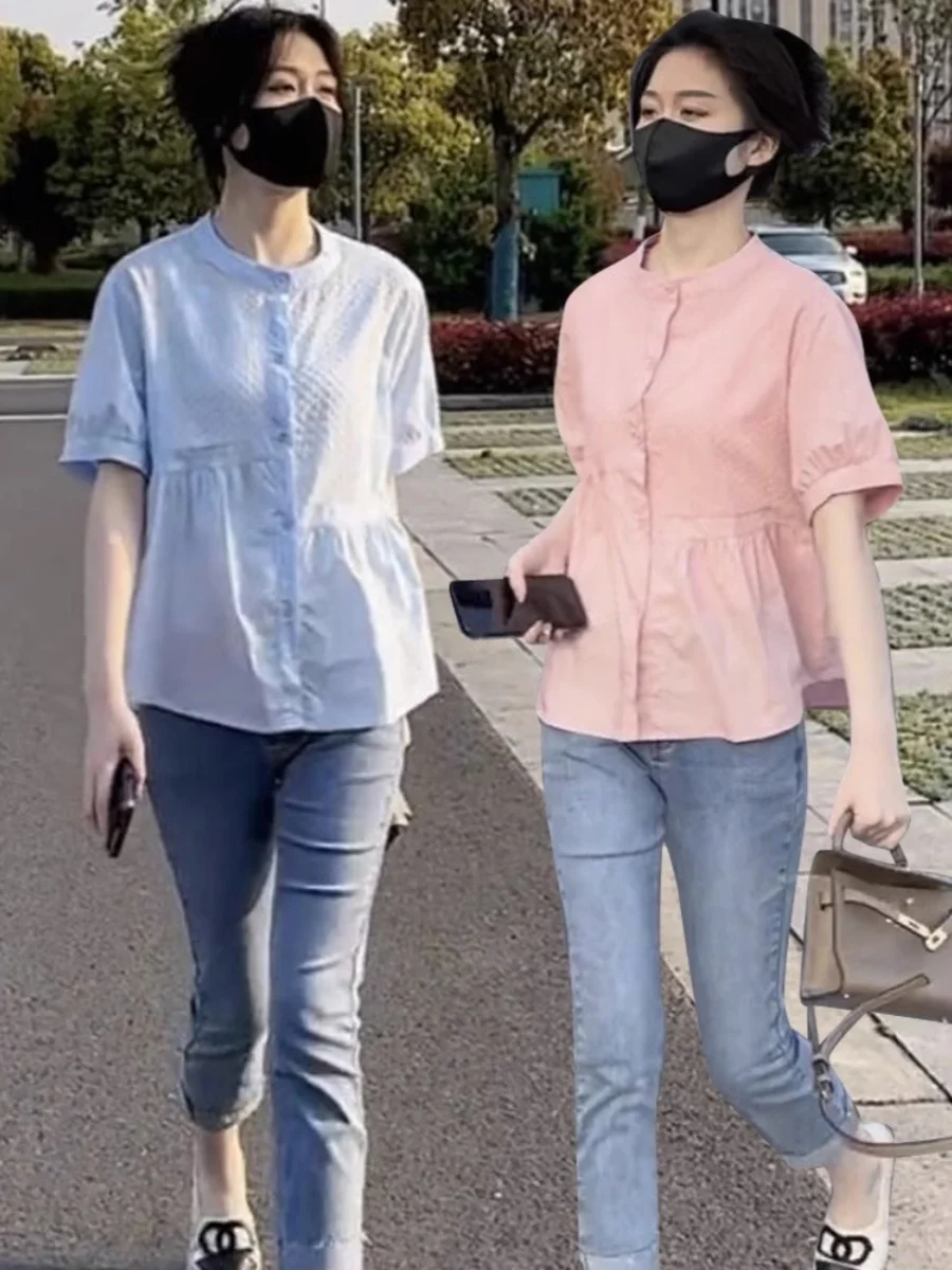 Loose Casual Short Sleeve round Neck Splice Design Women's Shirt Summer New Style Slimming Versatile Small Shirt Korean Style
