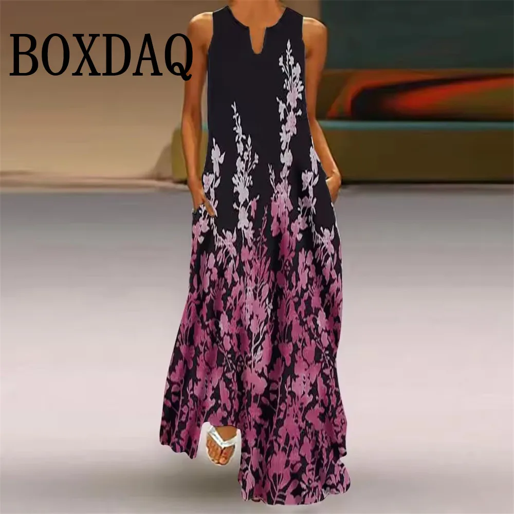 

New Fashion Bohemian Maxi Dresses For Women With Pockets Summer Sleeveless V-Neck Loose Flowers Printed Casual A-Line Long Dress