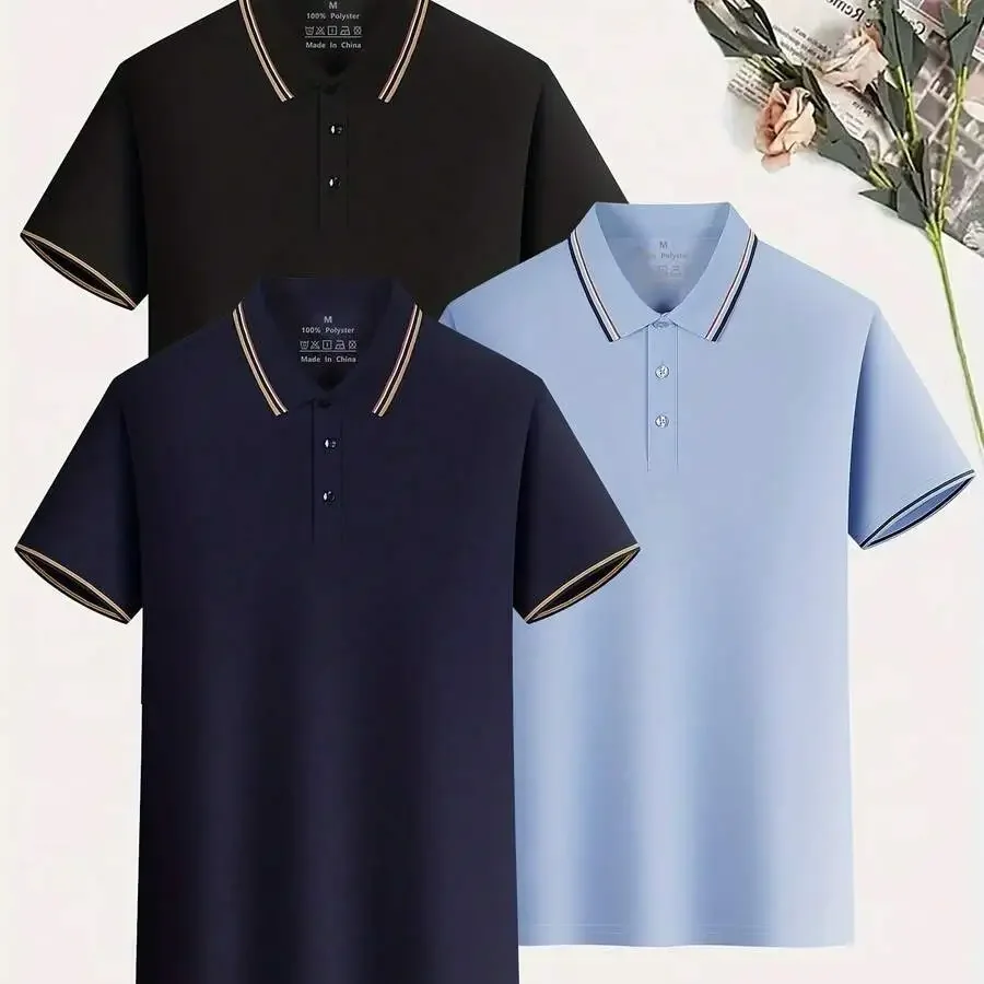 Multicolored Three-Piece Set With Patterned Short-Sleeve Polo Shirts For Men'S Casual Wear