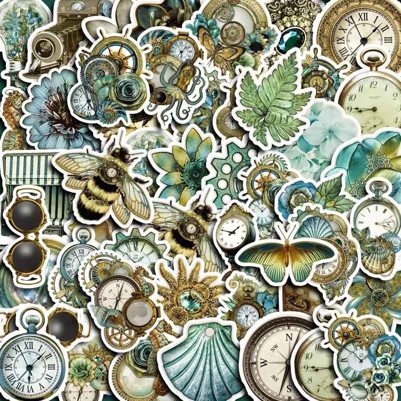 10/30/50PCS Green Retro INS Style Butterfly Bee Clock Sticker DIY Phone Laptop Luggage Skateboard Graffiti Decals Fun for Toy