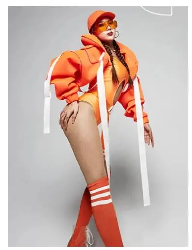 Sexy Nightclub Gogo Ds Performance Costume Suit Flight Jacket Bodysuit Jazz Dance Clothing Orange Pole Dance Costumes