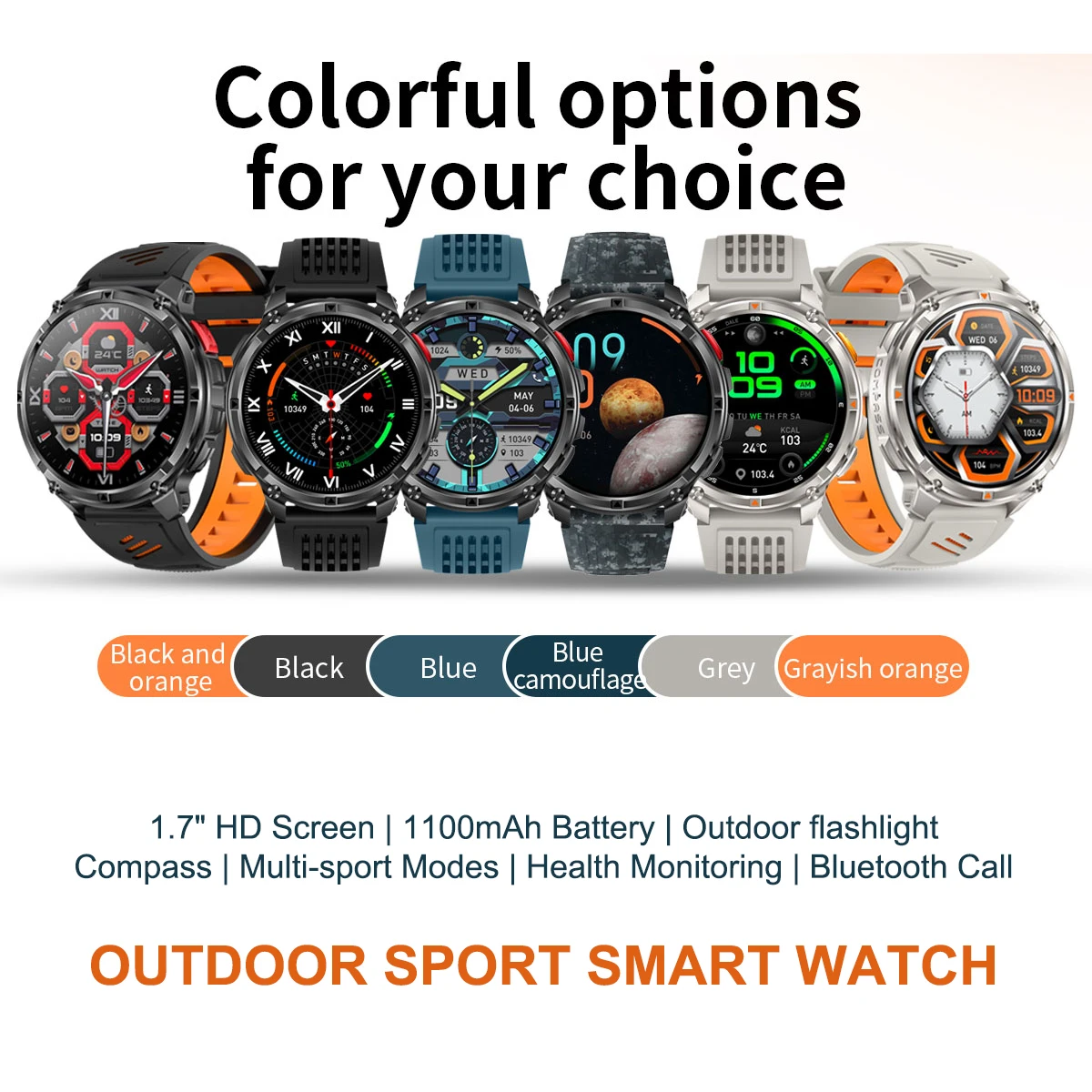 

2026 New 1100mAh Large Battery Smart Watch HT33 5ATM Waterproof Sports Run Sleep tracker Outdoors Compass Military Smartwatch