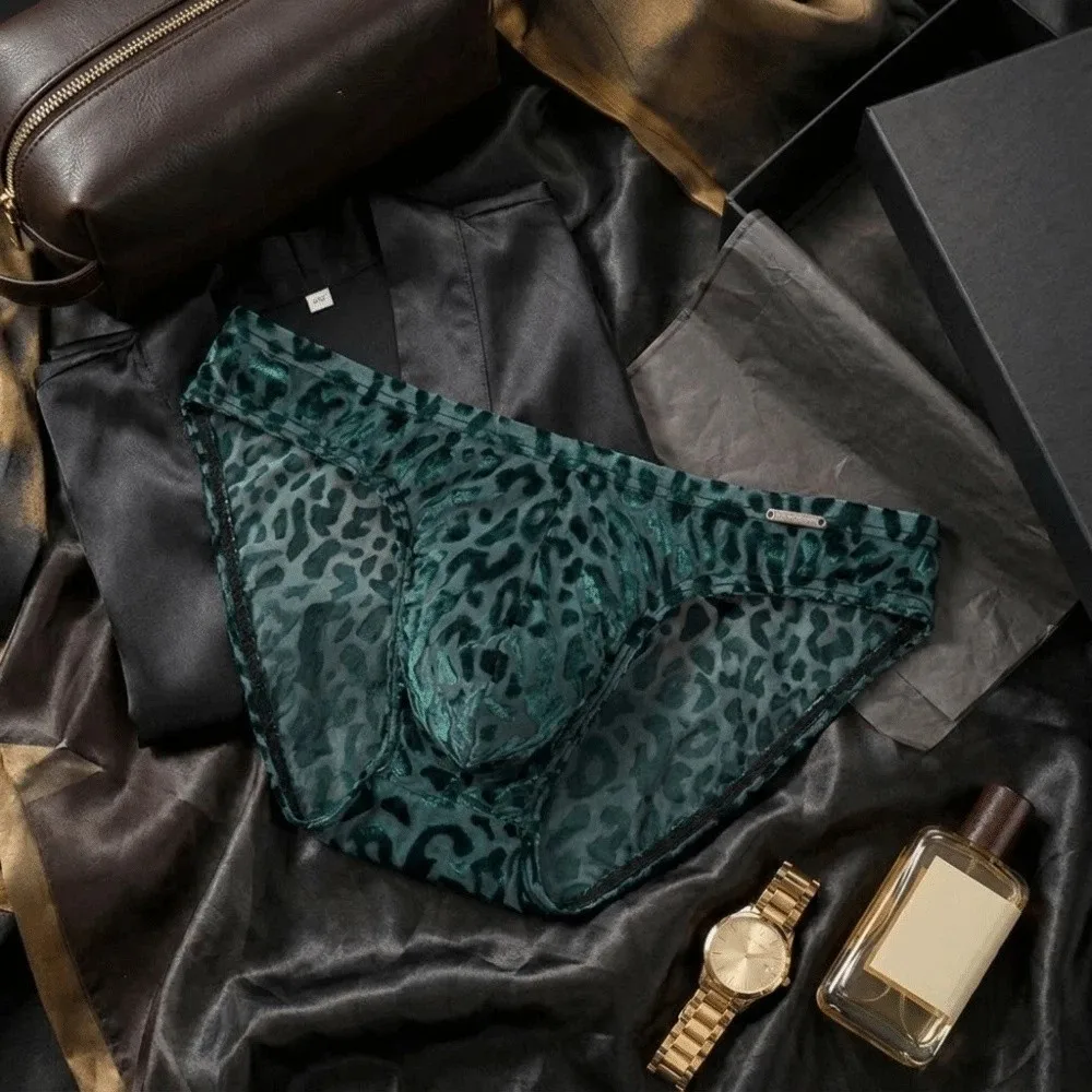 Quick Dry Ice Silk Men Briefs Lingerie Low Waist Sheer Underwear Mesh Convex Pouch Leopard Print Panties Date Night