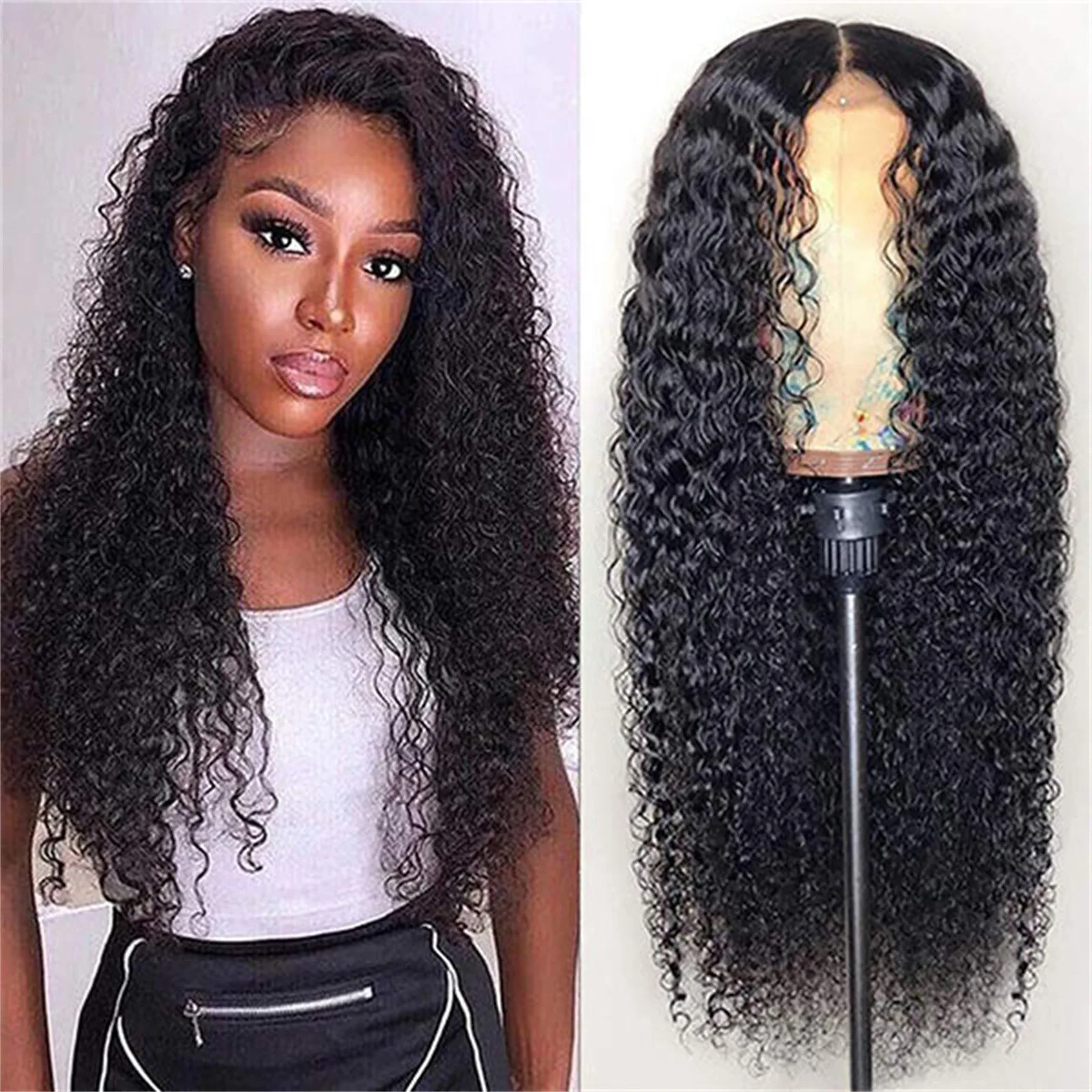 New Women's Synthetic Wig Fashionable Black Small Curly Water Ripple Corn Perm Center Parted Bangs Full Head Cover