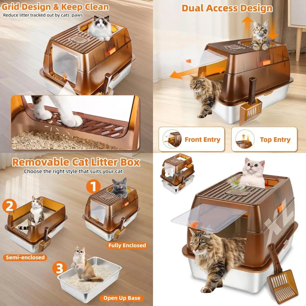 Caja de arena para gatos extra grande de acero inoxidable con tapa, control de olores, antifugas, fácil de limpiar (ámbar)