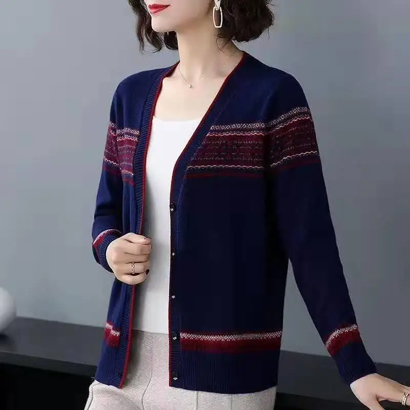 Knitting Cardigan Coat Female 2024 Autumn Winter New Women Clothing Loose V-neck Top Tee Ladies All-match Striped Sweater Tops