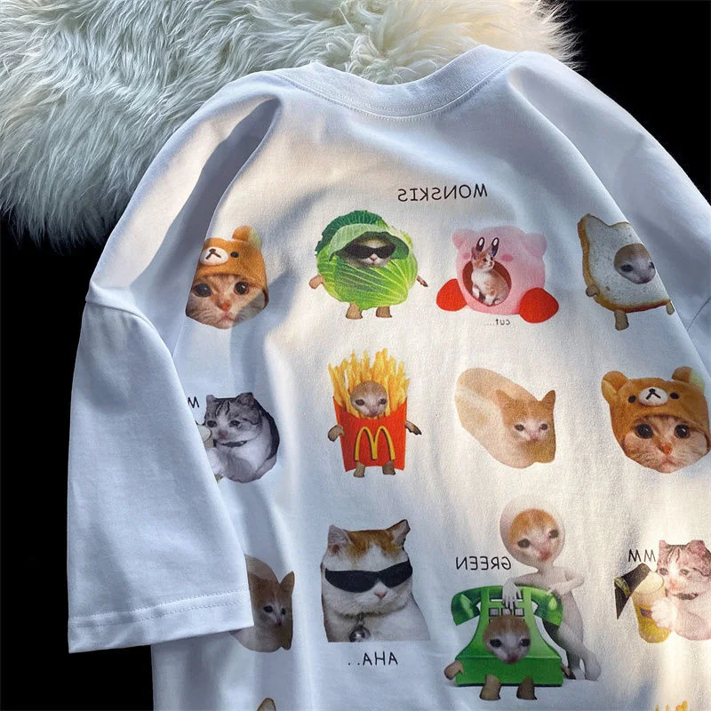 Korean Brand Cute Cats Sticker Printed T Shirts Short Sleeve Pure Cotton Y2K Top Teenage Cartoon Graphic Tee Summer Loose Casual