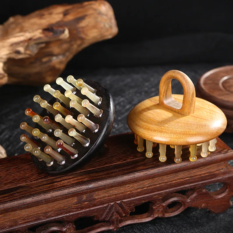 Natural Horn Massage Comb Scalp Massage Meridian Scraping Head Acupuncture Massager Gua Sha Therapy Sandalwood Brush Anti-Static